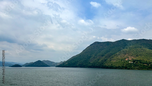 Scenic Summer Landscape of Kaeng Krachan Dam with Mountains and Lake under Blue Sky, Phetchaburi, Thailand