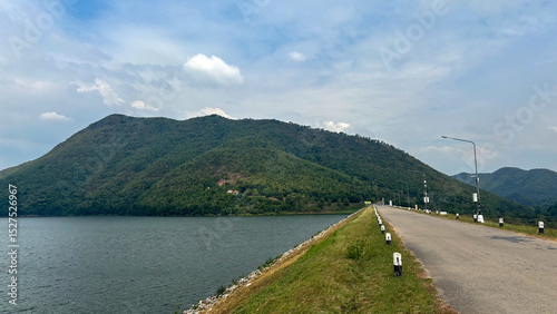 Scenic Summer Landscape of Kaeng Krachan Dam with Mountains and Lake under Blue Sky, Phetchaburi, Thailand
