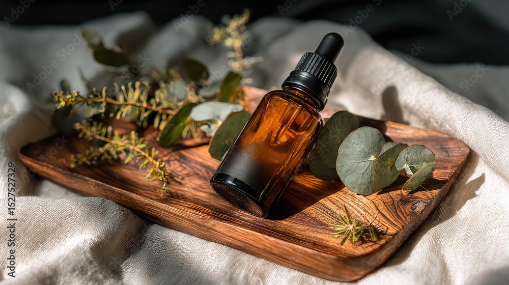 Obraz premium Amber glass dropper bottle on dark wooden tray with herbs, flat lay organic skincare scene