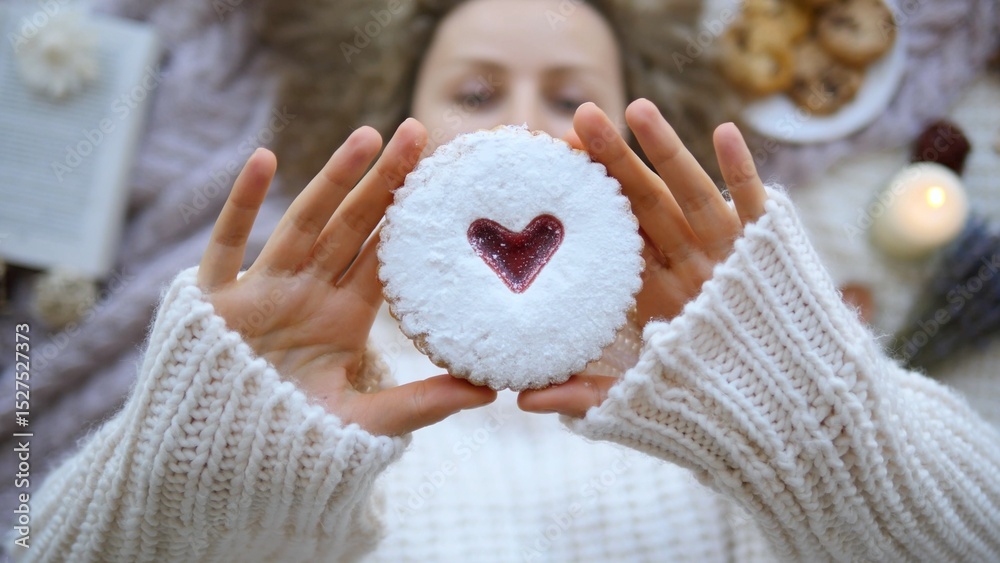 Fototapeta premium Cozy picnic scene with woman wearing a white knitted sweater, holding a heart shaped biscuit covered in powdered sugar, with blurred background featuring book, cookies, candle and lavender