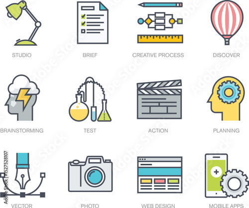 Creative Process Icons Studio, Brainstorming, Design, Planning, and More - Vector Illustrations