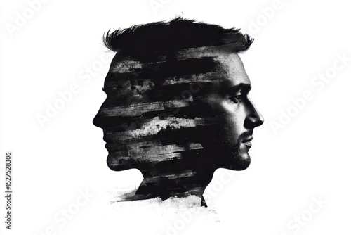 Creative double exposure artwork showcases a man's profile blended with abstract patterns and textures, highlighting imagination and artistic expression