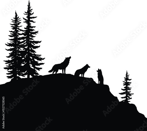 Wolf Silhouettes & Wilderness Scene Symbol Set Featuring Three Wolves on a Hilltop Surrounded by Tall Pine Trees—Representing Wild Nature, Strength, and Pack Mentality
