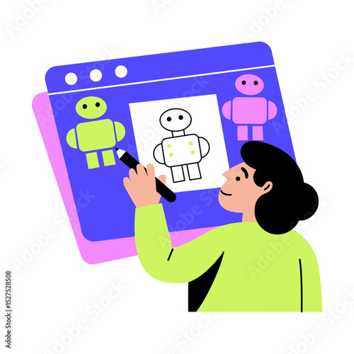 Flat style illustration showing a character making robot blueprint