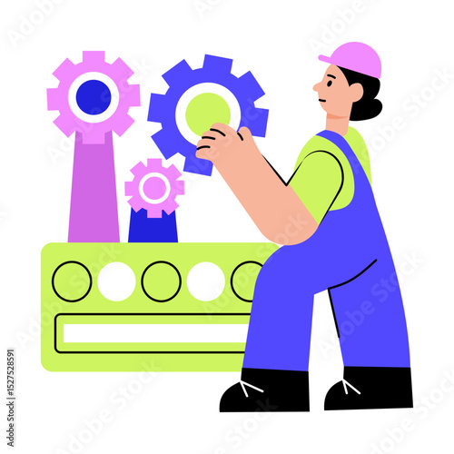 A flat style illustration showing mechanical engineer at workstation