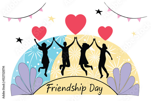 Joyful friendship day celebration design featuring a group of friends jumping with excitement