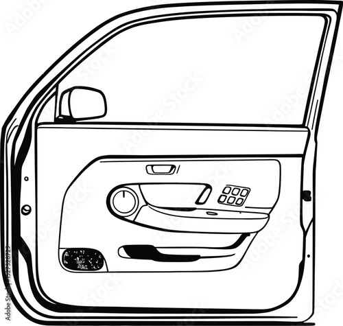 Car Door Interior & Functional Features Symbol Set Featuring a Detailed View of a Vehicle’s Side Door, Including Elements Such as a Side Mirror, Door Handle, Window Control Panel, Speaker, and Storage