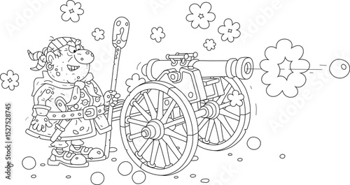 Sea pirate gunner firing his old ship cannon, black and white vector cartoon illustration for a coloring book