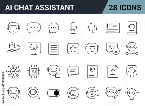 AI Chat Assistant Line Editable Icons Set. Includes Messaging, Voice, Translation, AI Avatar, Documents, Reactions & More. Vector Illustration.
