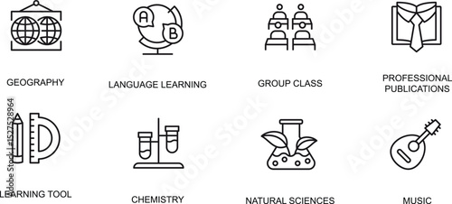 Educational Icons Geography, Language Learning, Group Class, Chemistry, Natural Sciences, Music, Professional Publications, Learning Tools