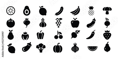 Organic Fruit & Vegetable icon  set, A Comprehensive Collection of Diverse Fruit and Vegetable Silhouettes, Perfect for Healthy Eating and Food-Themed Designs