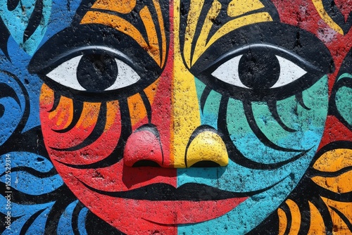 Colorful mural featuring an intricate face design, showcasing vibrant patterns and hues on a textured wall
