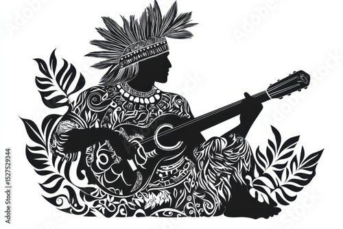 Traditional musician playing guitar in a vibrant cultural setting surrounded by intricate foliage and wearing ornate attire at sunset
