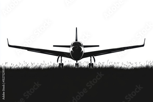 Aircraft silhouette on grassy field at sunset showcasing peaceful contrast between technology and nature