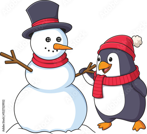 Winter Penguin Building Snowman Vector Image
