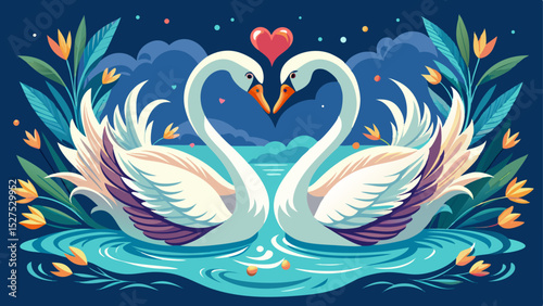 Swans swimming. Elegant graceful water birds with delicate feathers, wings, long necks forming heart shape for love. Charming peaceful gorgeous waterfowl fauna in nature. Flat vector .  Very beautiful