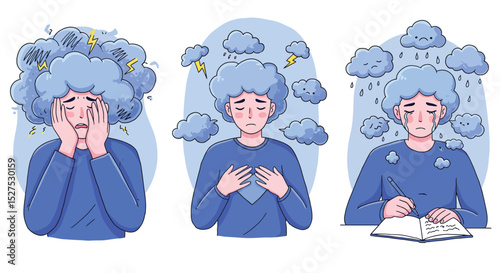 Three illustrations depict different stages of sadness with a person having a cloud over their head