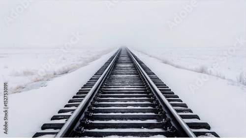 Snow Covered Train Tracks Disappear into Thick Winter Fog