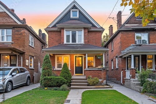Charming Brick House with Green Lawn at Sunset in Residential Area