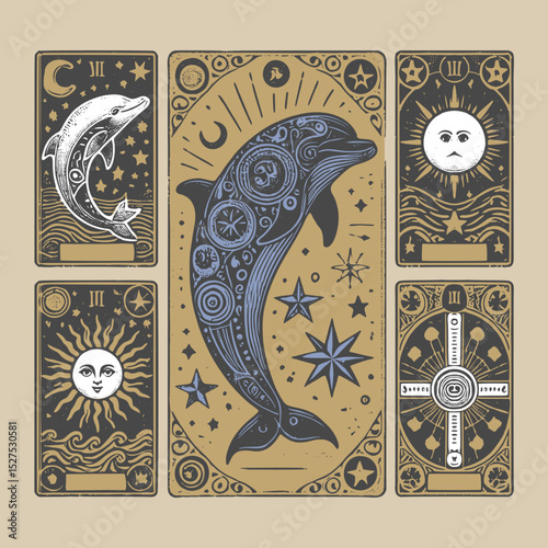 ornamental dolphin figure in classic vector style with nautical border for marine flashcards