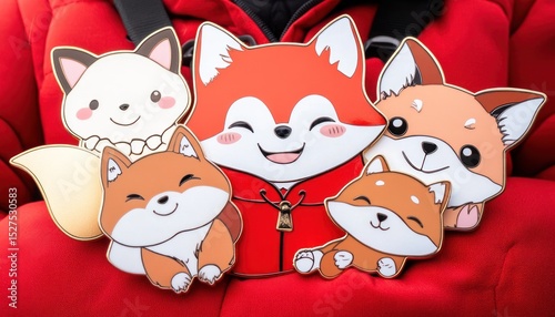 Cute fox pins on red jacket