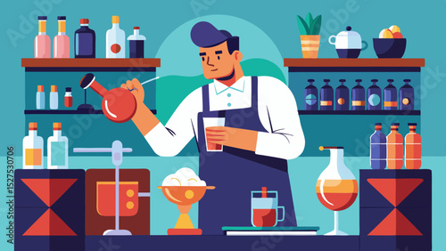 Smiling Bartender Preparing Drinks at the Bar Counter Illustration