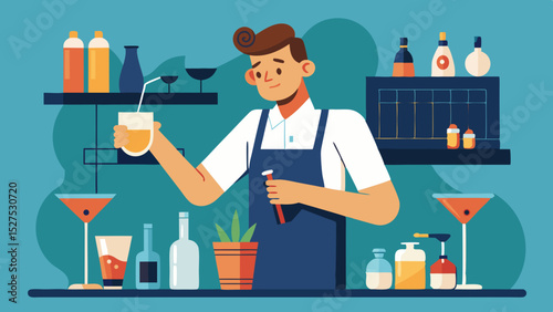 Smiling Bartender Preparing Drinks at the Bar Counter Illustration