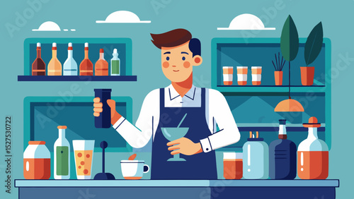 Smiling Bartender Preparing Drinks at the Bar Counter Illustration