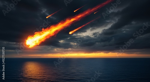 Fiery meteor impacting the ocean