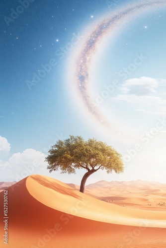 Desert landscape with a lone tree under a vibrant sky