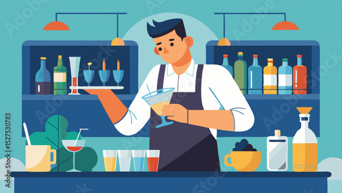 Smiling Bartender Preparing Drinks at the Bar Counter Illustration