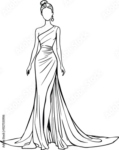 Elegant Draped Gown & Sophisticated Fashion Silhouette Symbol Set Featuring a One-Shouldered, Floor-Length Dress with a Fitted Bodice, a Flowing Skirt, and a High Slit—Representing Luxury, Evening 