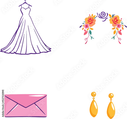 Wedding & Special Occasion Essentials Symbol Set Featuring a Curated Collection of Elegant Items: A Flowing Wedding Dress with a Fitted Bodice, a Lush Floral Arch in Vibrant Hues, a Classic Pink