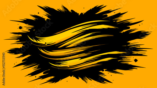 Abstract Black and Orange Brush Stroke on Yellow Background
