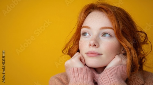 redhead woman in pink sweater dreaming