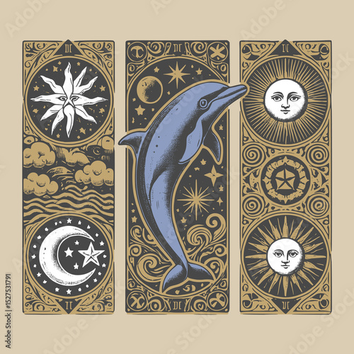 vintage-inspired dolphin crest in classic vector lines for sea creature collectible cards