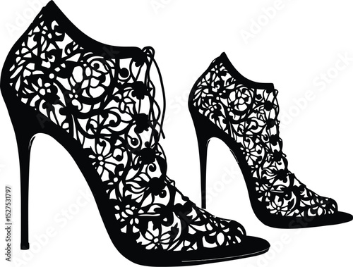 Lace-Patterned High-Heeled Boot Symbol Set Featuring an Ornate Stiletto Ankle Boot with Intricate Floral Swirls and Lace-Up Front—Representing Elegance, Craftsmanship, and Fashion Creativity