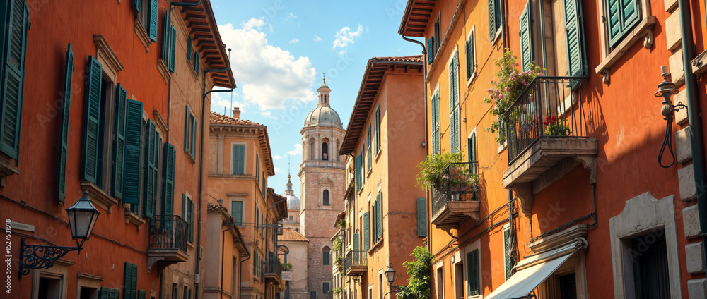 Obraz premium AI Generated Picturesque Italian City Street with Colorful Shutters and Historic Architecture