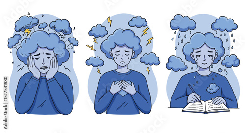 Three illustrations depict different stages of sadness with a person having a cloud over their head