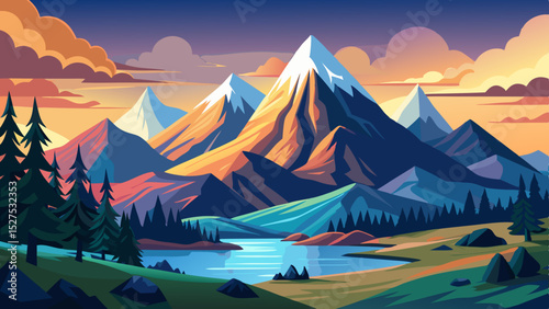 Majestic Mountain Landscape with River Illustration