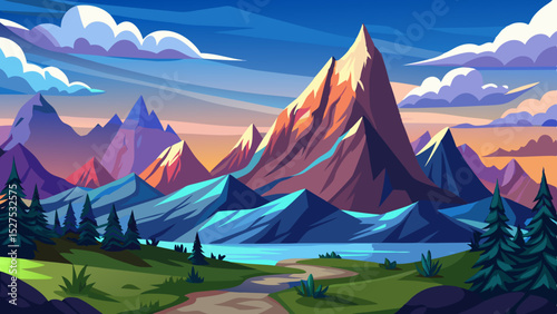 Majestic Mountain Landscape with River Illustration