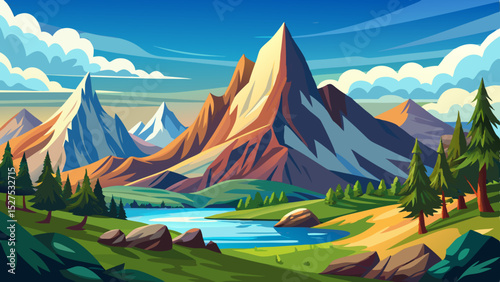 Majestic Mountain Landscape with River Illustration
