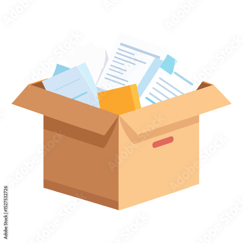 Open cardboard box overflowing with papers and a yellow object handle on the side