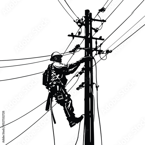 Utility Worker & Electrical Maintenance Symbol Set Featuring a Silhouette of a Worker Climbing a Utility Pole, Equipped with a Safety Harness and Helmet, Surrounded by Multiple Electrical Wires