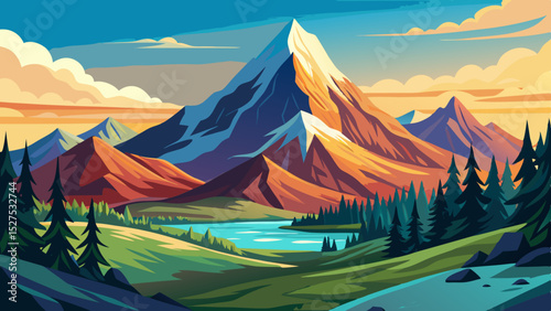 Majestic Mountain Landscape with River Illustration