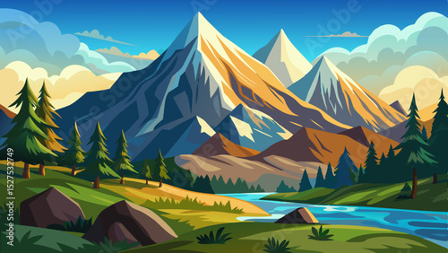 Majestic Mountain Landscape with River Illustration