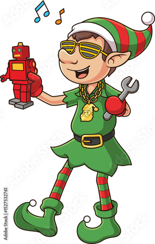 Cool Christmas Elf Holding Toy Robot Vector Image