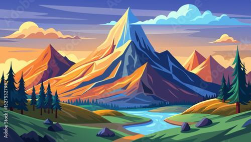 Majestic Mountain Landscape with River Illustration