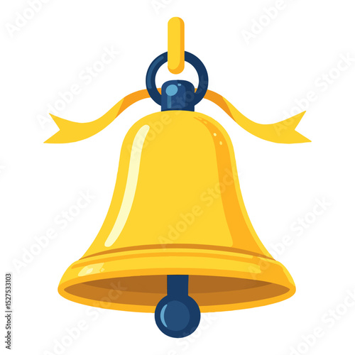 A gold bell with a dark blue clapper and holder hangs from a gold loop and ribbon