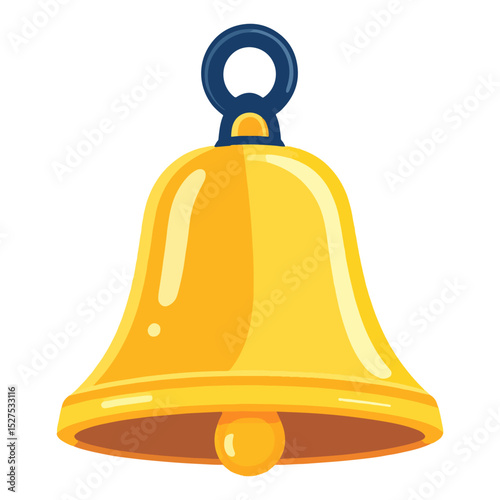 A gold bell with a round clapper hanging from a dark blue loop